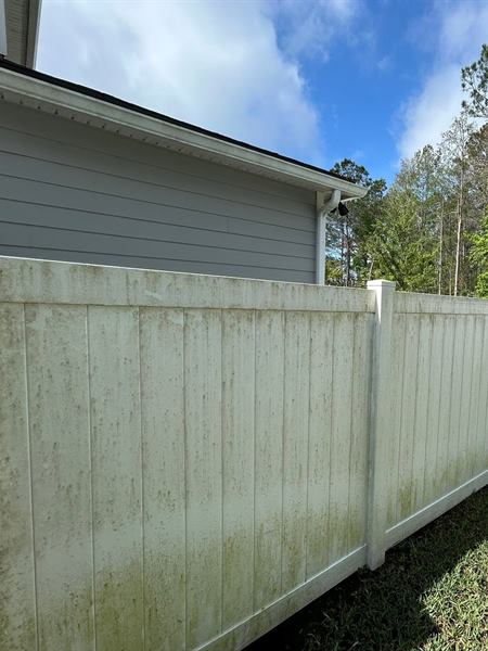 White vinyl privacy fence before cleaning, streaked green with algae