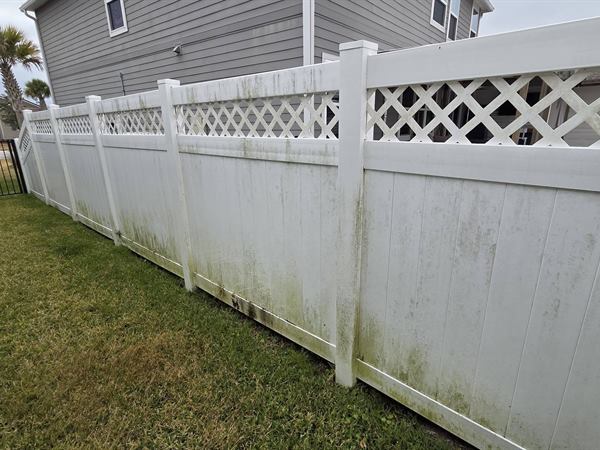 White lattice-top vinyl fence before cleaning, streaked green