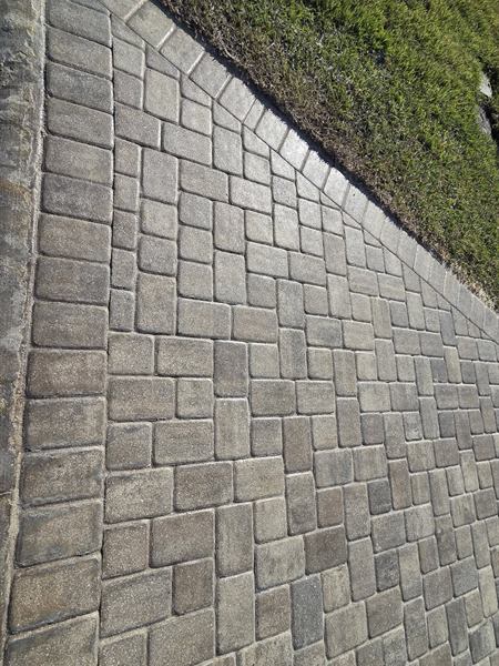 The same paver walkway after cleaning, even grey pavers